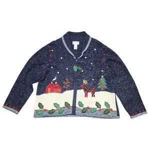 Chadwicks Christmas Sweater Navy XL X-Large Full Zip Embroidered
